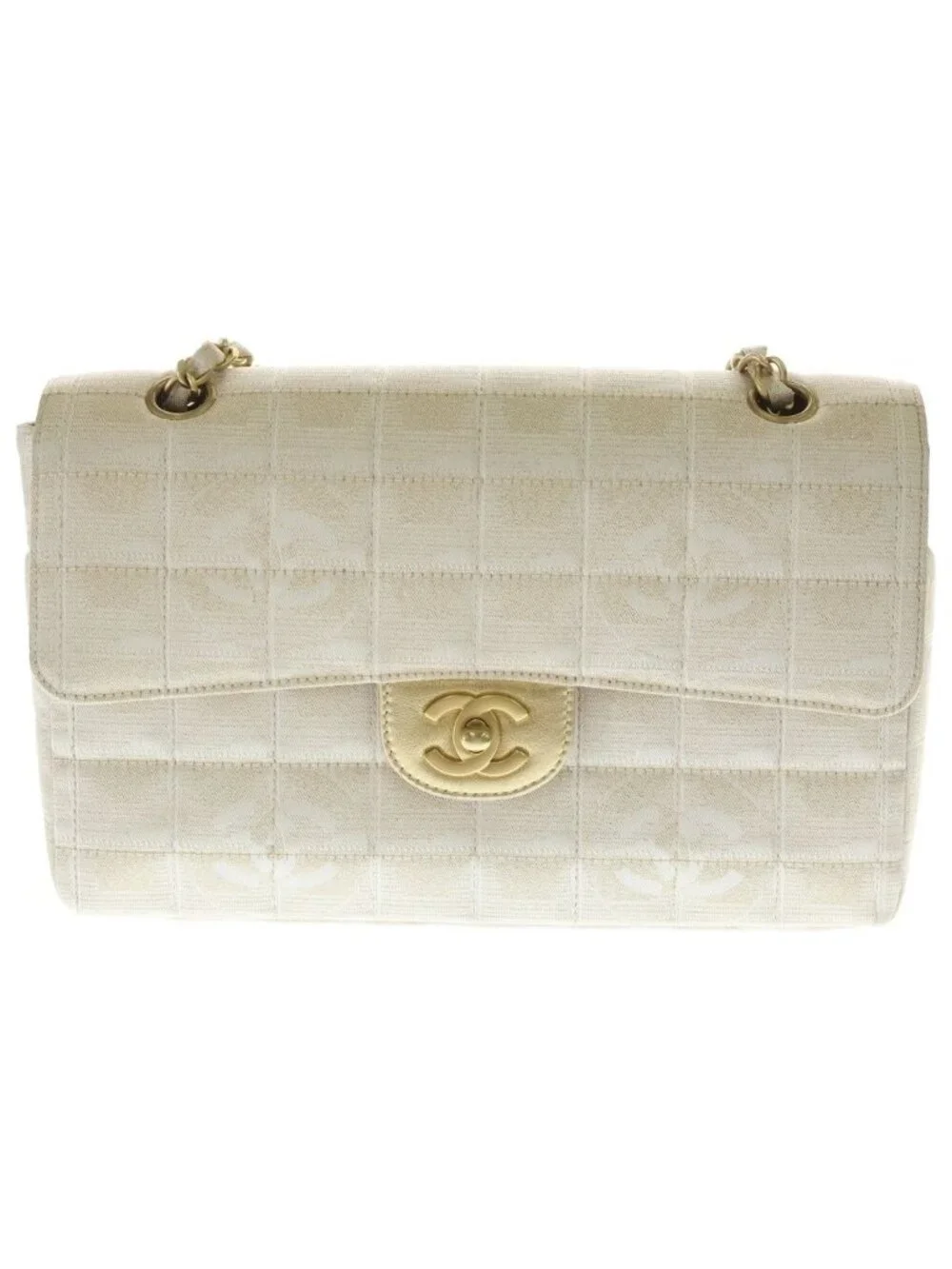 Chanel New Travel Line Chain Shoulder Chocolate Bar CC Logo Gold Nylon Beige